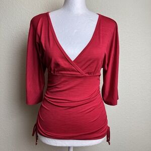 Ally B Women's Top Y2K Red V-Neck 3/4 Sleeves Red‎ Cinched Size S Stretch